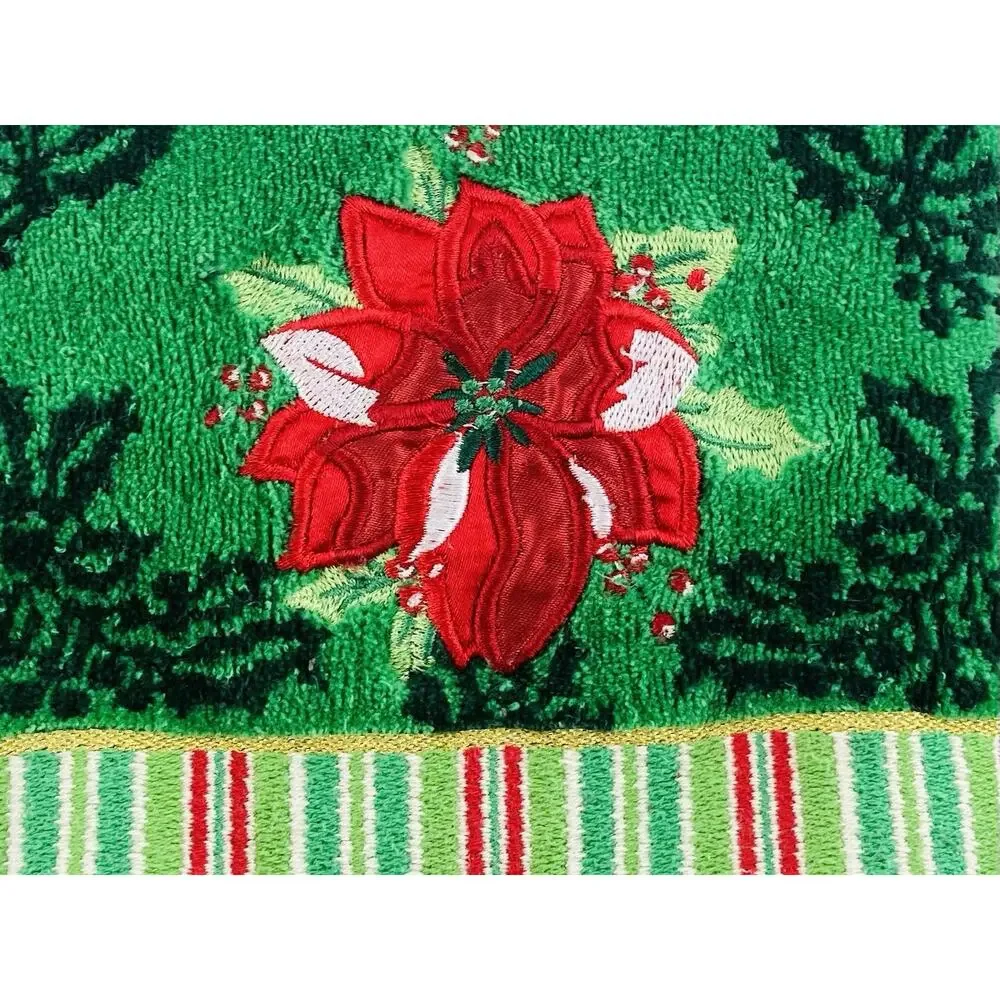 Christmas Towel Set Poinsettia Holly Embroidered Green Bath Body Hand Washcloth